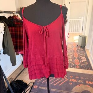 American Eagle Outfitters Red Cold Shoulder Peasant Blouse